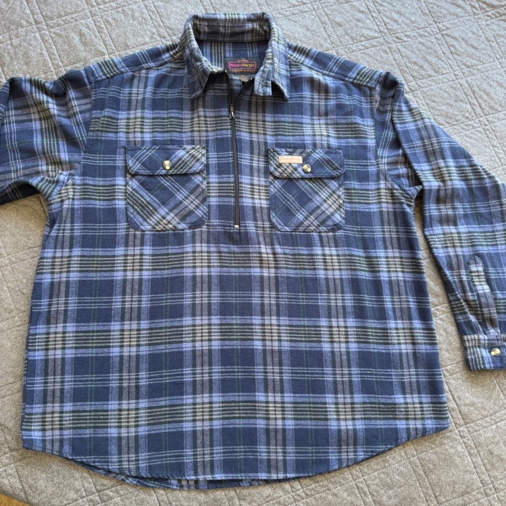 HickoryShirtCo Mens XL Blue Plaid Quarter Zip Flannel Pullover Shirt